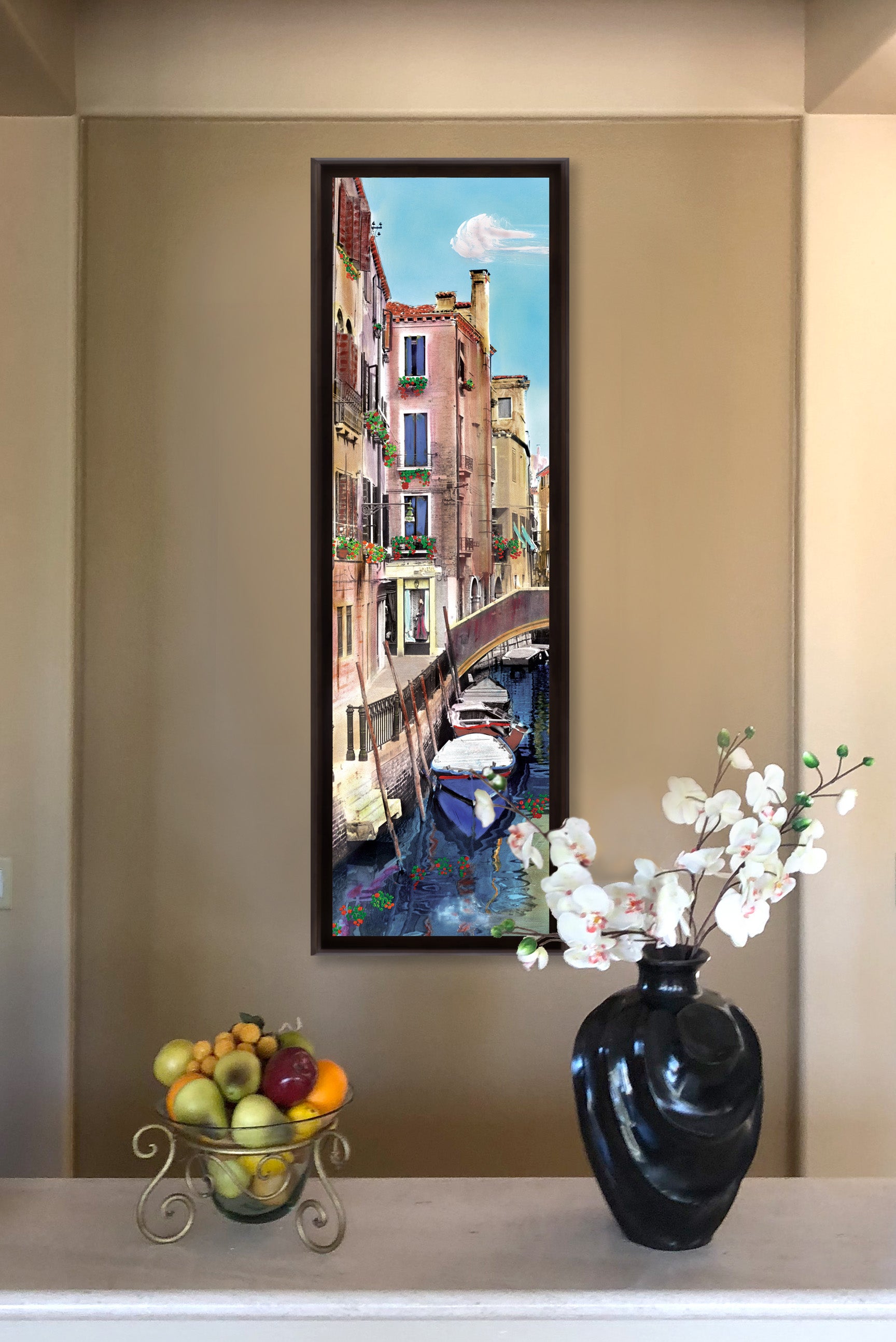 "Canal with Shop" TALL SKINNY CANVAS FRAMED PRINT "15 X 45"
