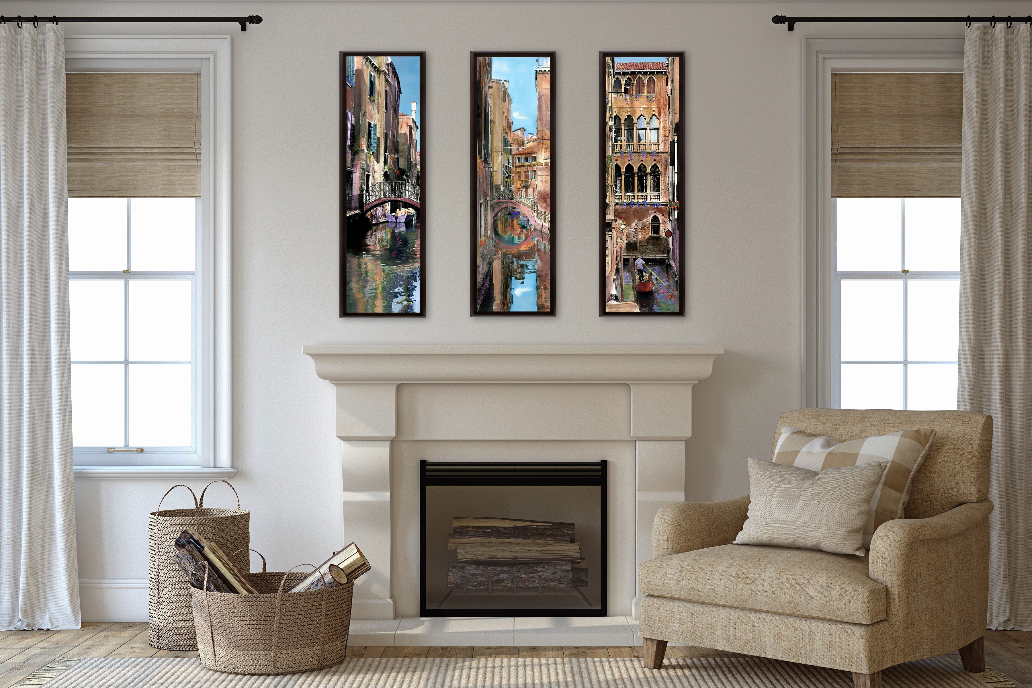 "Textured Canal" TALL SKINNY CANVAS FRAMED PRINT "15 X 45"