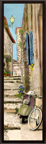 Load image into Gallery viewer, &quot;Vespa and Bike&quot; TALL SKINNY CANVAS FRAMED PRINT &quot;15 X 45&quot;
