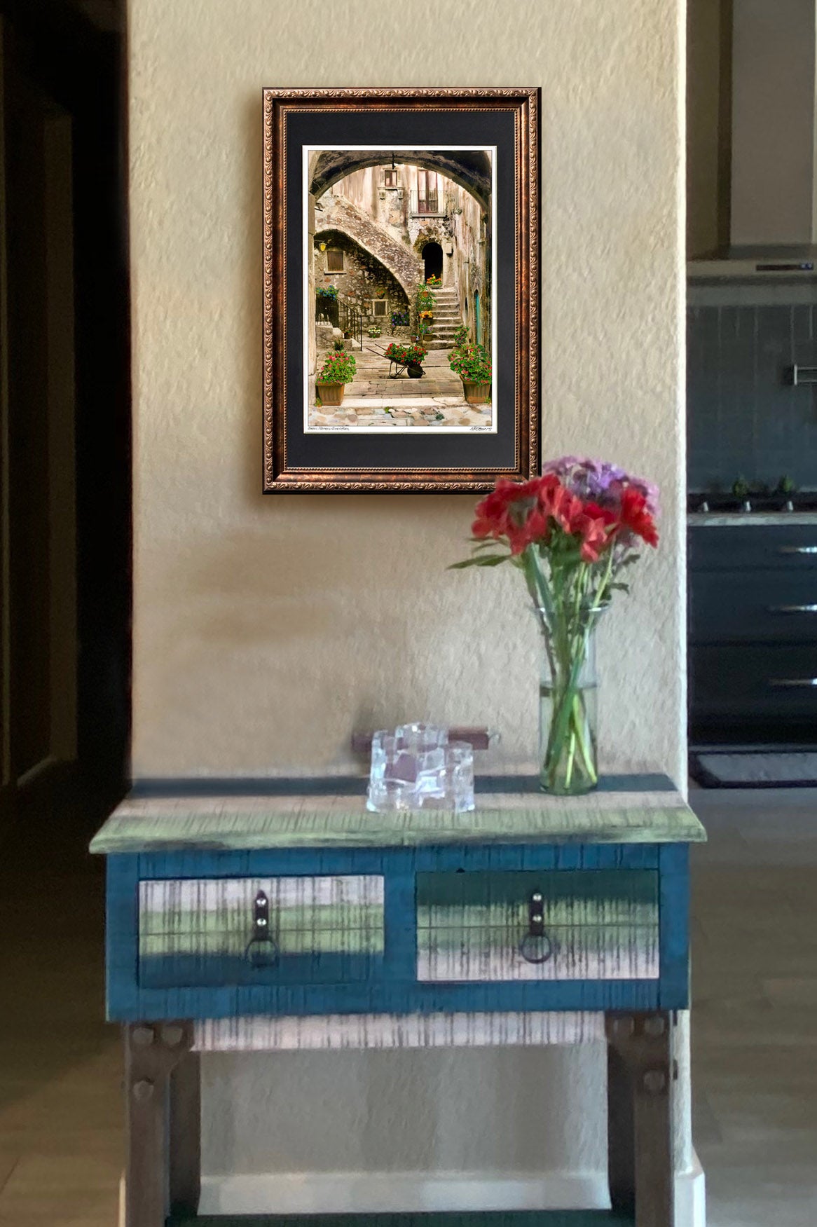 "Wheelbarrow of Roses" Signed Matted & Framed