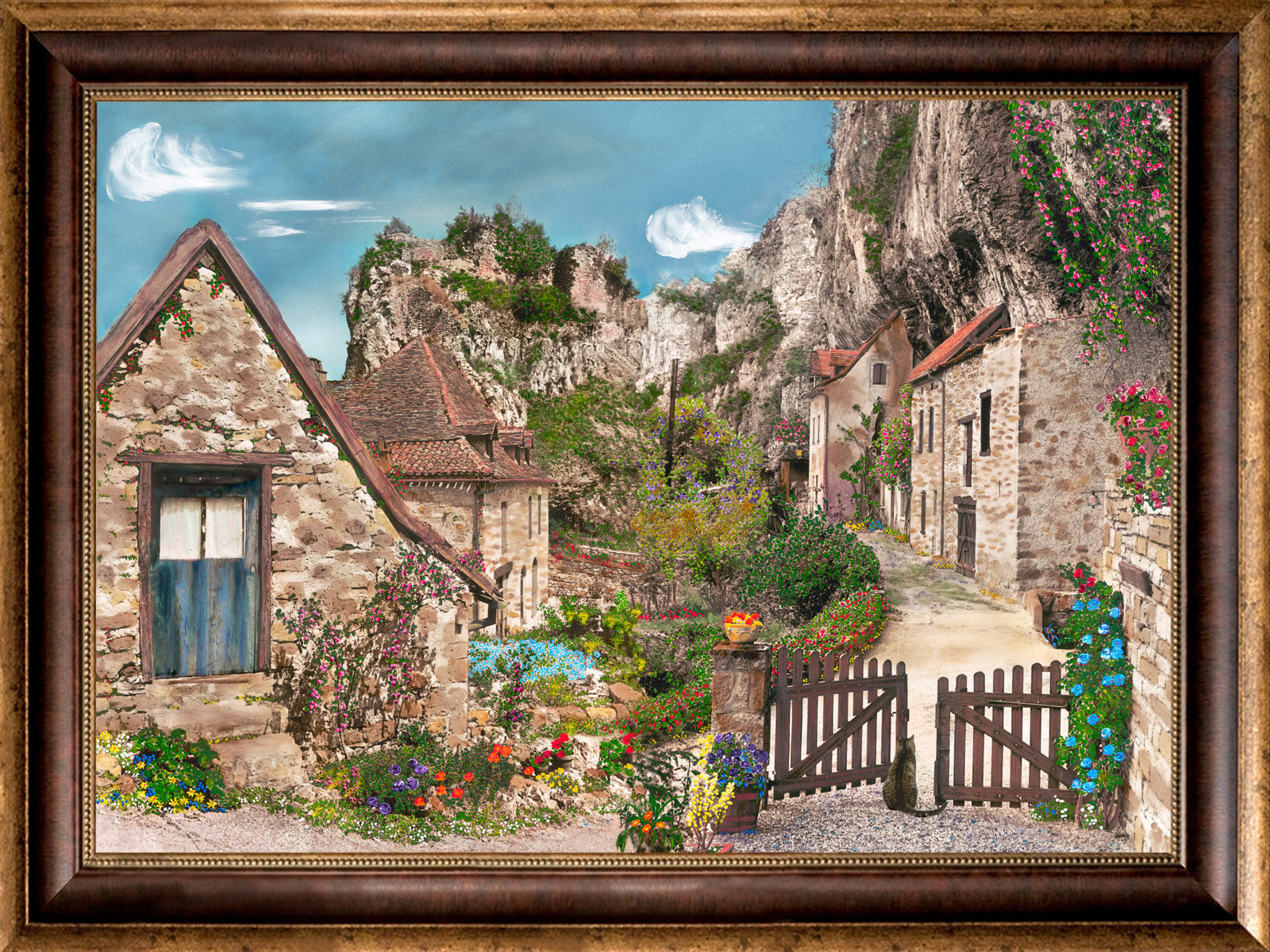"Provence Mountain Village" FRAMED CANVAS ARTIST SIGNED 24"x 32"