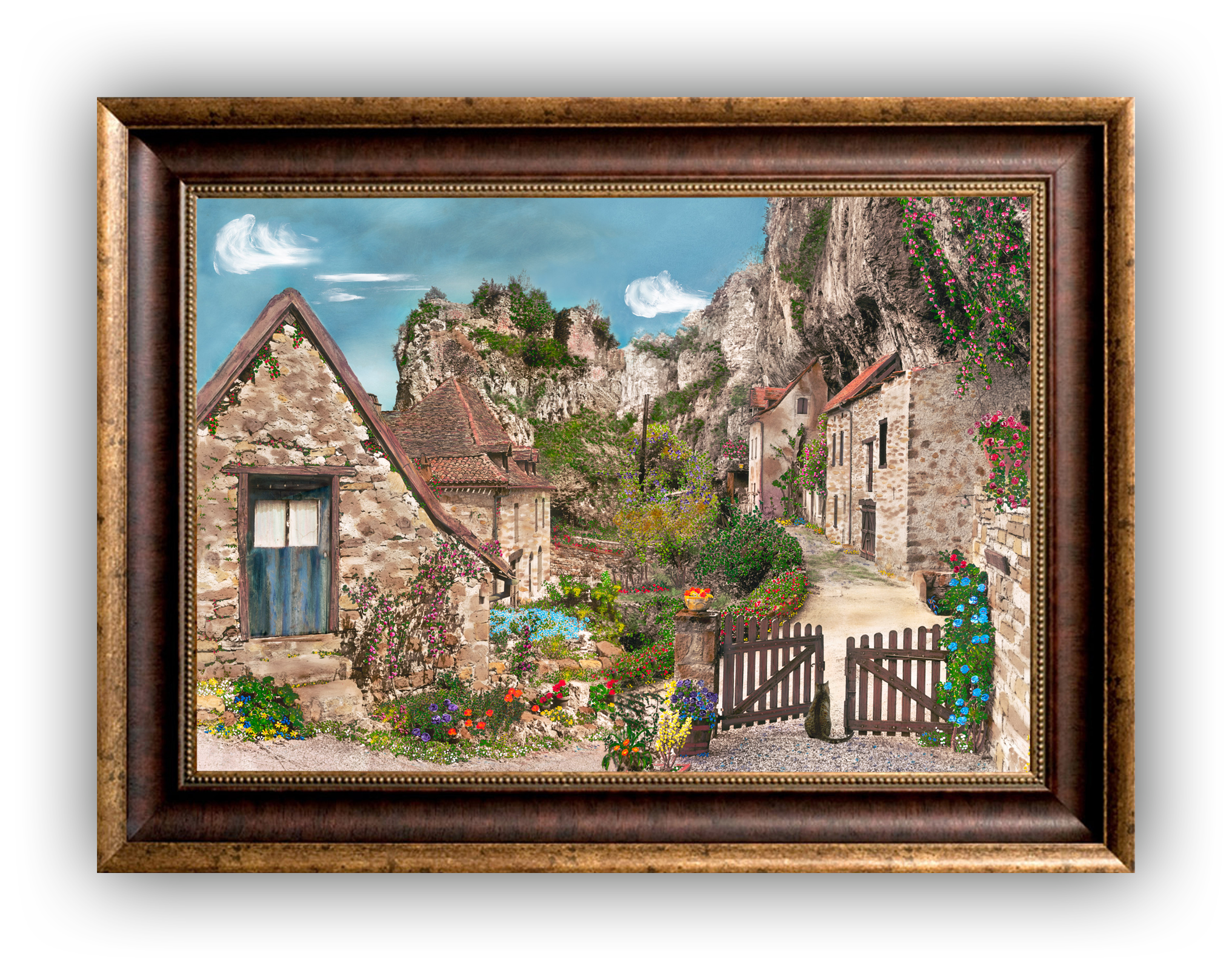 "Provence Mountain Village" FRAMED CANVAS ARTIST SIGNED 24"x 32"