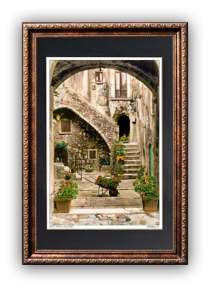 "Wheelbarrow of Roses" Signed Matted & Framed